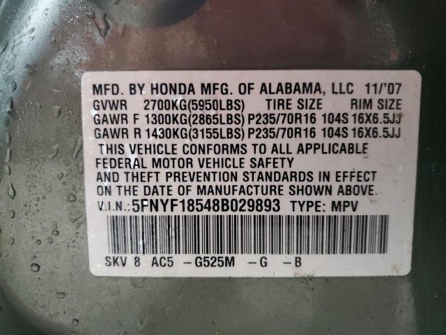 5FNYF18548B029893 - 2008 HONDA PILOT EXL GREEN photo 13