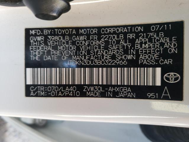 JTDKN3DU3B0322966 - 2011 TOYOTA PRIUS WHITE photo 12