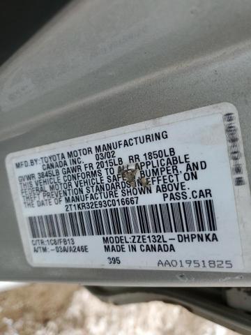 2T1KR32E93C016667 - 2003 TOYOTA COROLLA MA XR SILVER photo 12