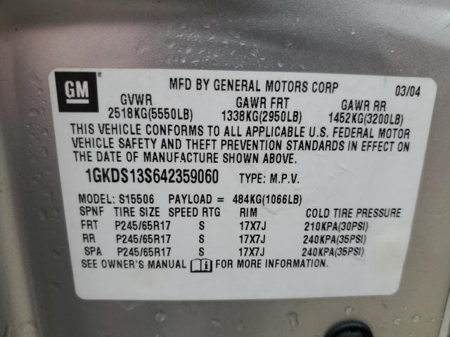 1GKDS13S642359060 - 2004 GMC ENVOY SILVER photo 14