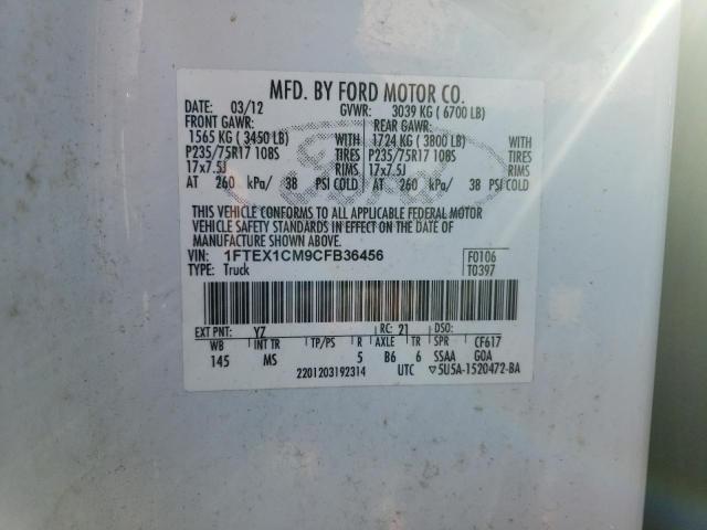 1FTEX1CM9CFB36456 - 2012 FORD F150 SUPER CAB WHITE photo 12