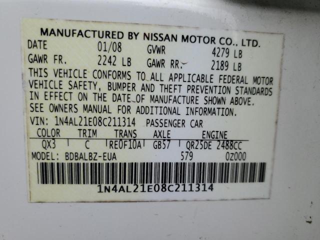 1N4AL21E08C211314 - 2008 NISSAN ALTIMA 2.5 WHITE photo 12