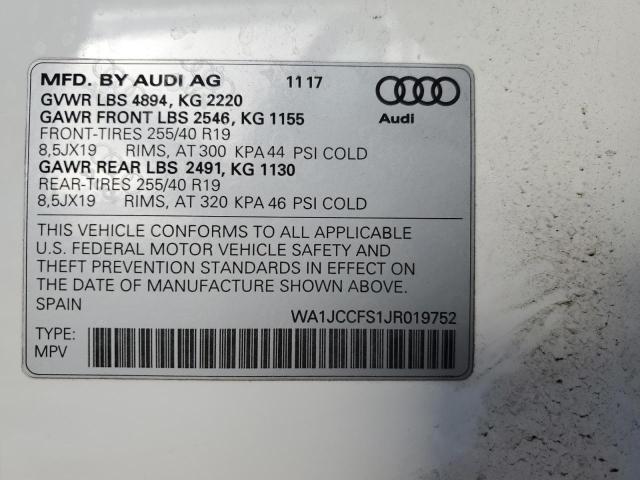 WA1JCCFS1JR019752 - 2018 AUDI Q3 PREMIUM PLUS WHITE photo 13