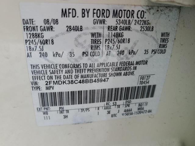 2FMDK38C48BB45947 - 2008 FORD EDGE SEL CREAM photo 12