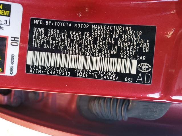 2T1BURHE7KC166610 - 2019 TOYOTA COROLLA L RED photo 12