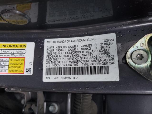 1HGCV1F50LA077152 - 2020 HONDA ACCORD EXL GRAY photo 12