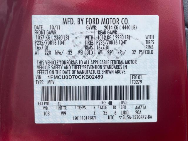 1FMCU0D70CKB02489 - 2012 FORD ESCAPE XLT RED photo 10