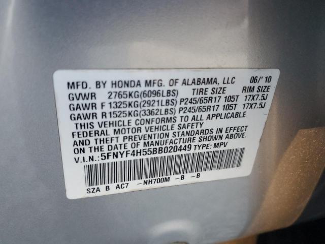 5FNYF4H55BB020449 - 2011 HONDA PILOT EXL SILVER photo 12