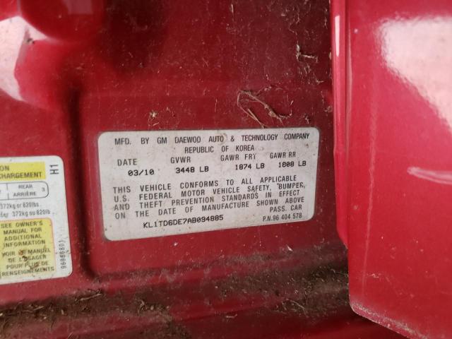 KL1TD6DE7AB094885 - 2010 CHEVROLET AVEO LS 红色 照片 12