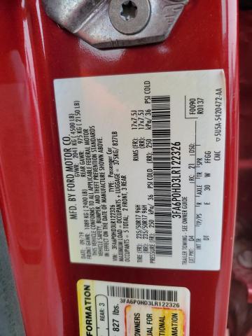 3FA6P0HD3LR122326 - 2020 FORD FUSION SE RED photo 12