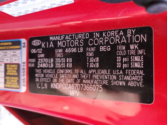 KNDPCCA67D7366075 - 2013 KIA SPORTAGE SX RED photo 12