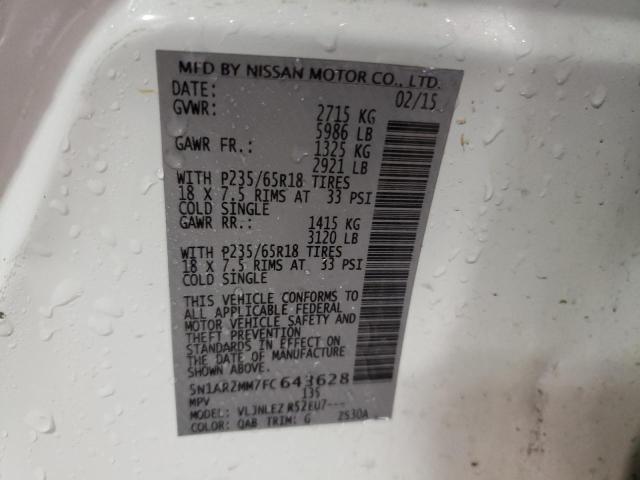 5N1AR2MM7FC643628 - 2015 NISSAN PATHFINDER S 白色 照片 13