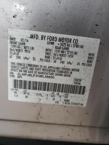 2LMPJ8LP3GBL56650 - 2016 LINCOLN MKX RESERVE فضي صورة 12