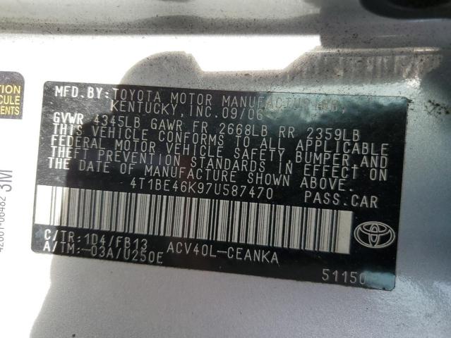 4T1BE46K97U587470 - 2007 TOYOTA CAMRY CE SILVER photo 12