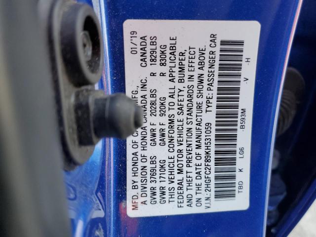 2HGFC2F89KH531059 - 2019 HONDA CIVIC SPORT BLUE photo 12