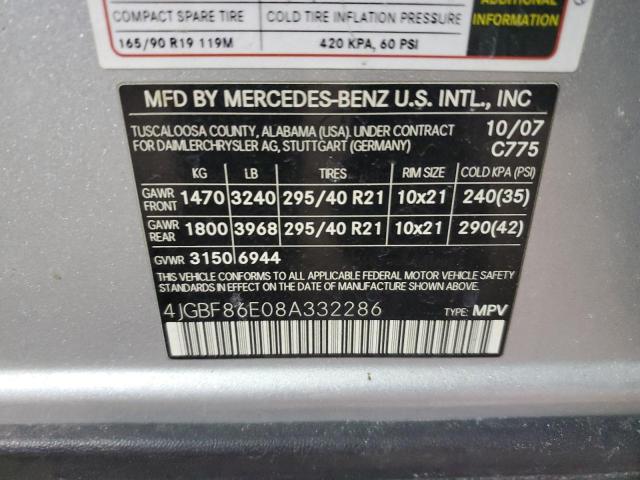 4JGBF86E08A332286 - 2008 MERCEDES-BENZ GL 550 4MATIC SILVER photo 12