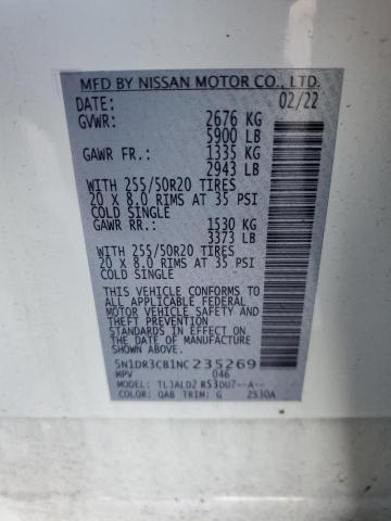 5N1DR3CB1NC235269 - 2022 NISSAN PATHFINDER SL WHITE photo 12