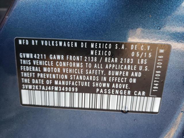 3VW2K7AJ4FM349099 - 2015 VOLKSWAGEN JETTA BASE BLUE photo 12