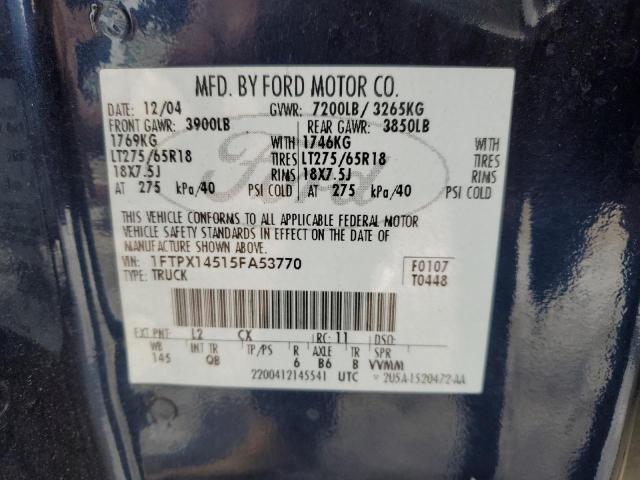 1FTPX14515FA53770 - 2005 FORD F150 BLUE photo 12