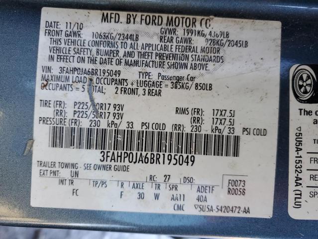 3FAHP0JA6BR195049 - 2011 FORD FUSION SEL BLUE photo 12