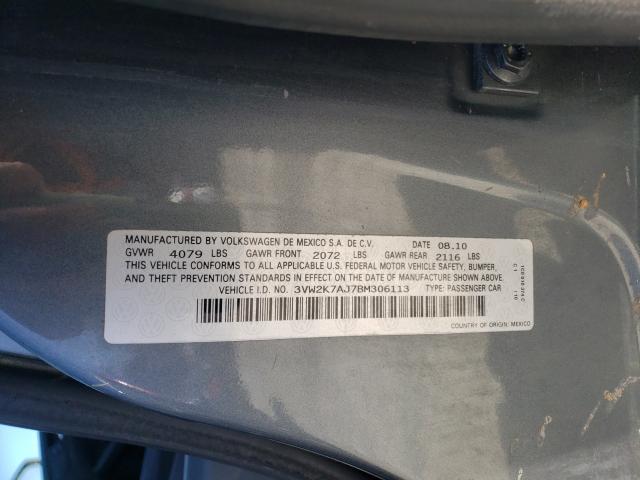3VW2K7AJ7BM306113 - 2011 VOLKSWAGEN JETTA BASE رمادي صورة 10