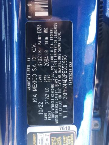 3KPF24AD2PE551965 - 2023 KIA FORTE LX BLUE photo 12