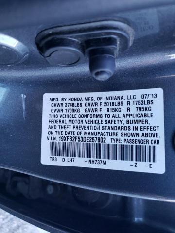 19XFB2F53DE257802 - 2013 HONDA CIVIC LX GRAY photo 12