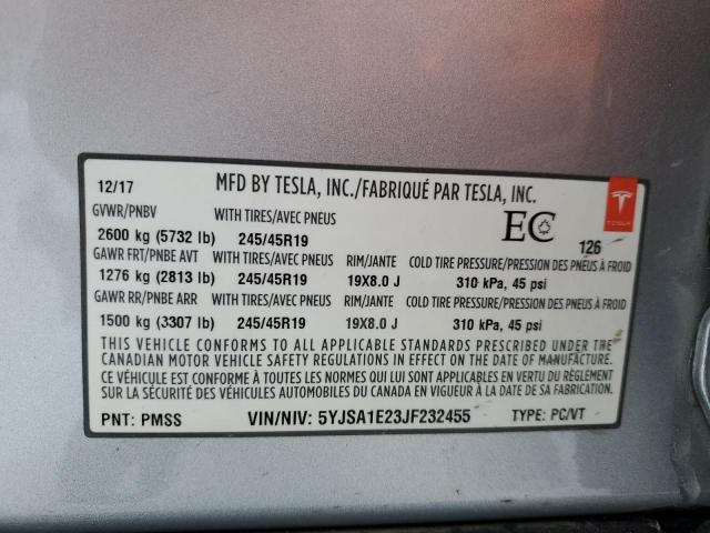 5YJSA1E23JF232455 - 2018 TESLA MODEL S SILVER photo 13