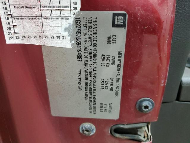 1G2ZG57B694194387 - 2009 PONTIAC G6 MAROON photo 12