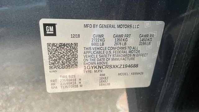 1GYKNCRSXKZ194688 - 2019 CADILLAC XT5 LUXURY CHARCOAL photo 10