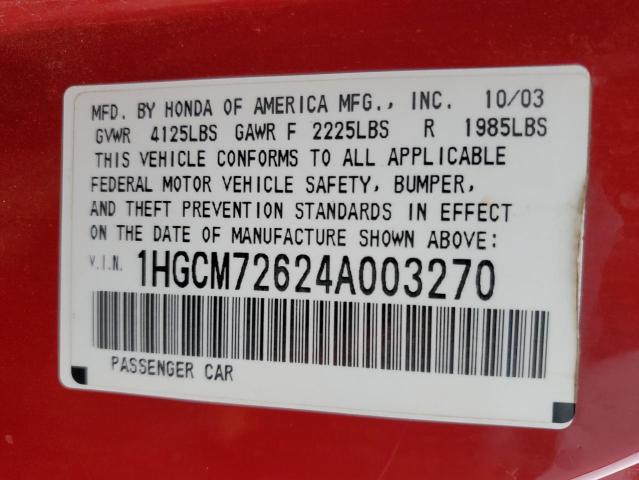 1HGCM72624A003270 - 2004 HONDA ACCORD EX RED photo 12