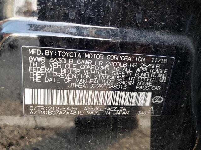 JTHBA1D22K5088013 - 2019 LEXUS IS 300 BLACK photo 12