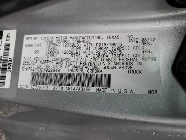 5TFTX4CN3DX022840 - 2013 TOYOTA TACOMA ACCESS CAB ვერცხლისფერი ფოტო 12