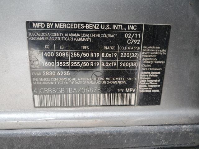 4JGBB8GB1BA706878 - 2011 MERCEDES-BENZ ML 350 4MATIC GRAY photo 13