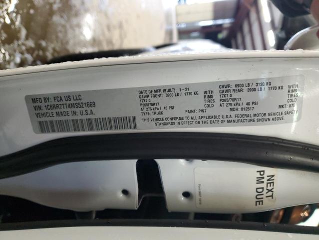 1C6RR7TT4MS521669 - 2021 RAM 1500 CLASS SLT თეთრი ფოტო 12