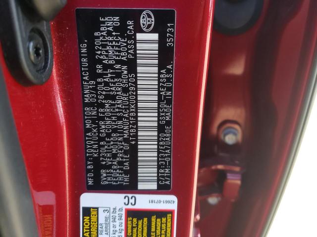 4T1BZ1FBXKU029705 - 2019 TOYOTA AVALON XLE RED photo 12