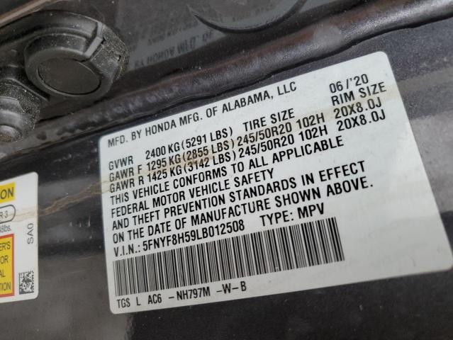 5FNYF8H59LB012508 - 2020 HONDA PASSPORT EXL ნაცრისფერი ფოტო 12