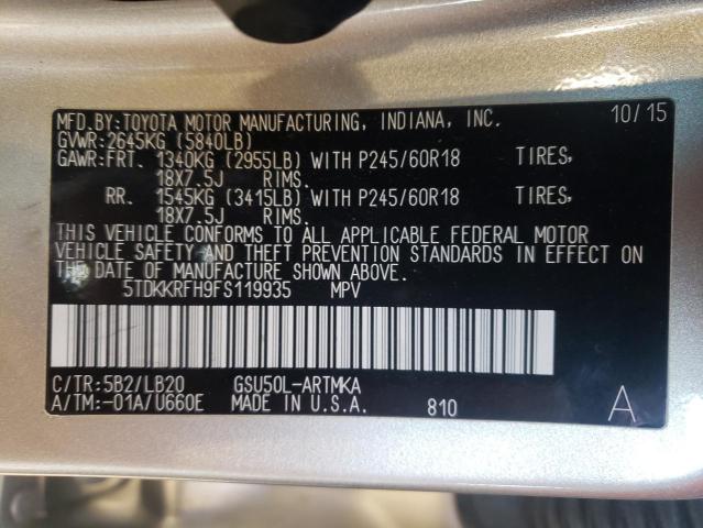 5TDKKRFH9FS119935 - 2015 TOYOTA HIGHLANDER XLE SILVER photo 13