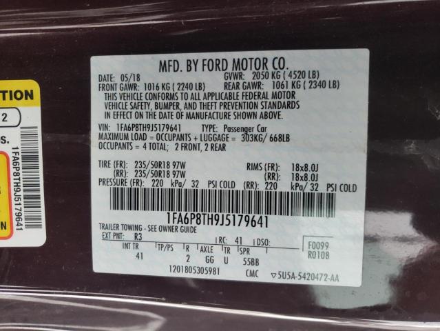 1FA6P8TH9J5179641 - 2018 FORD MUSTANG BURGUNDY photo 12