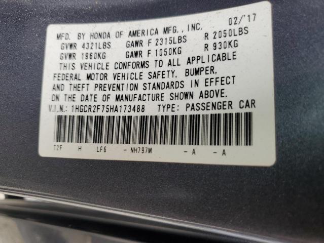 1HGCR2F75HA173488 - 2017 HONDA ACCORD EX CHARCOAL photo 12