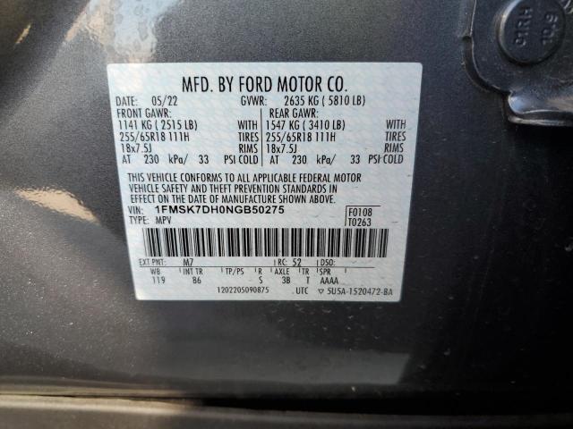 1FMSK7DH0NGB50275 - 2022 FORD EXPLORER XLT GRAY photo 12