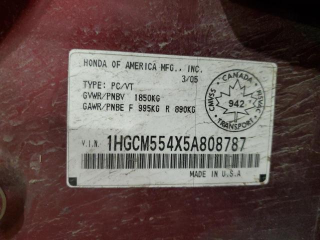 1HGCM554X5A808787 - 2005 HONDA ACCORD LX RED photo 12