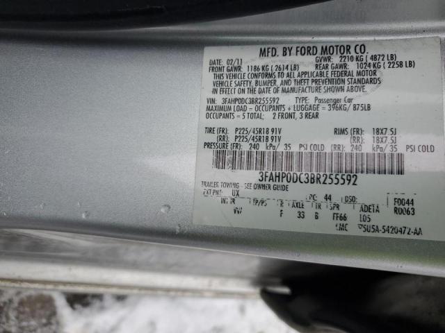 3FAHP0DC3BR255592 - 2011 FORD FUSION SPORT SILVER photo 12