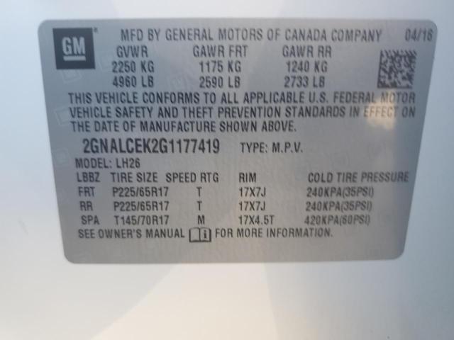 2GNALCEK2G1177419 - 2016 CHEVROLET EQUINOX LT WHITE photo 12