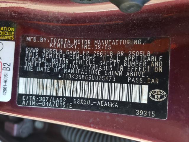 4T1BK36B66U075473 - 2006 TOYOTA AVALON XL BURGUNDY photo 10