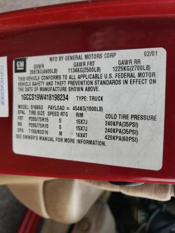 1GCCS19W418198234 - 2001 CHEVROLET S TRUCK S10 RED photo 12