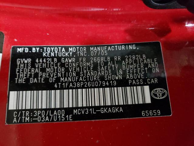 4T1FA38P26U079419 - 2006 TOYOTA CAMRY SOLA SE RED photo 12