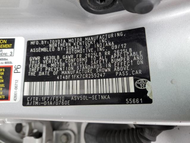 4T4BF1FK7CR255247 - 2012 TOYOTA CAMRY BASE SILVER photo 12