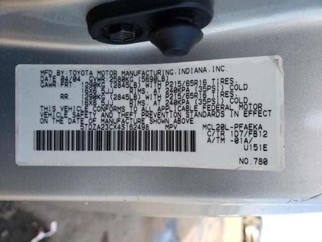 5TDZA23CX4S162498 - 2004 TOYOTA SIENNA CE SILVER photo 14