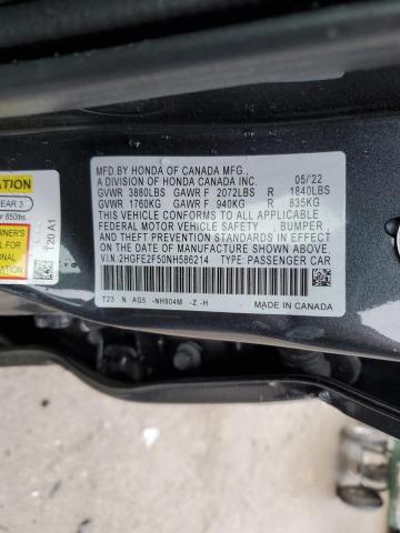 2HGFE2F50NH586214 - 2022 HONDA CIVIC SPORT ნაცრისფერი ფოტო 12